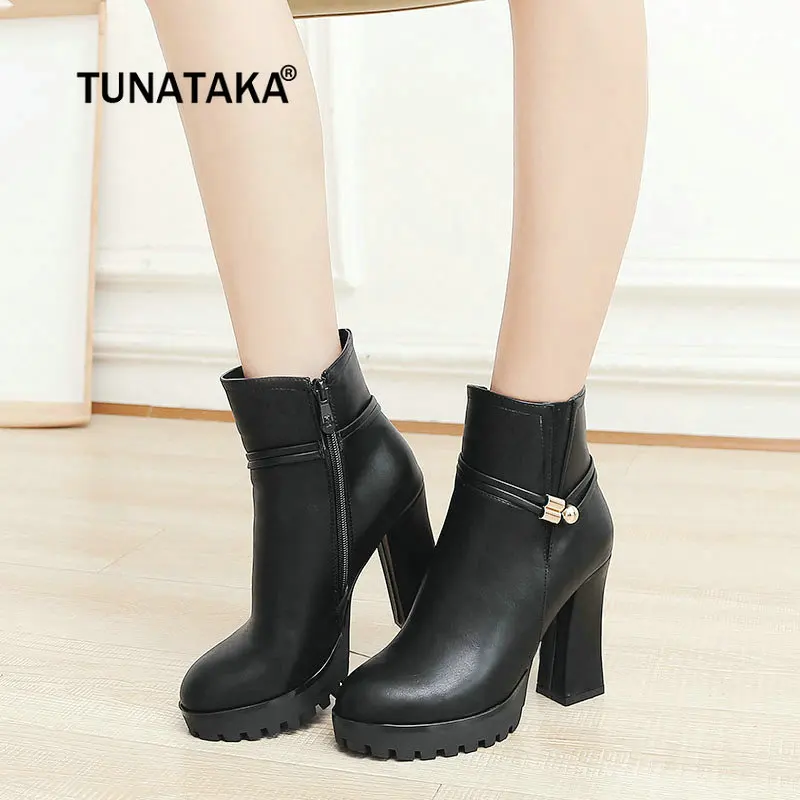 

Women Platform Thick High Heel Ankle Boots Side Zipper Winter Fashion Boots White Black Apricot