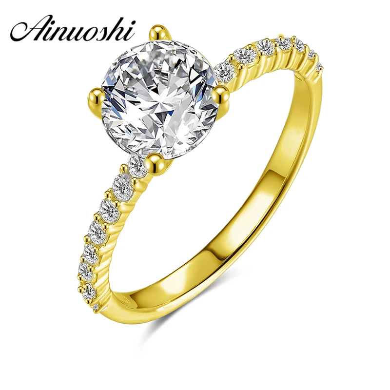 

AINUOSHI Trendy 14K Solid Yellow Gold Round Ring Pave Setting Band 4 Prongs 1.25 CT Sona Diamond Wedding Engagement Women Ring