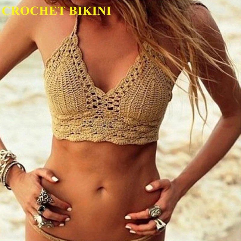 CROCHET BIKINI 2019 Sexy Top Handmade Knit Crochet Crop Top Women Summer Swimwear Camisoles Push Up Beach Tanks Halter Yoga Bras