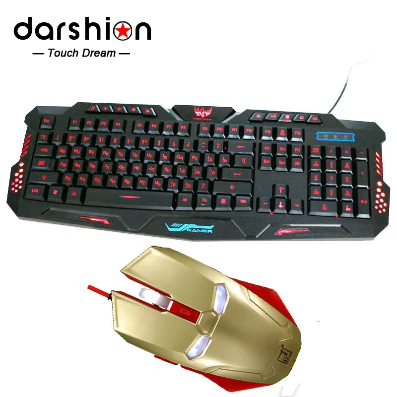 

Russian keyboard three color Backlights professional wired Gaming Keyboard led backlight +led Iron Man Gaming Backlit Mouse