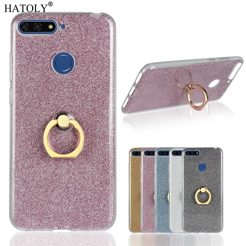 

Huawei Honor 7A Pro Case Shiny Glitter Bling Silicon Phone Case Cover For Huawei Y6 2018 Soft TPU Finger Ring Bracket Back Funda