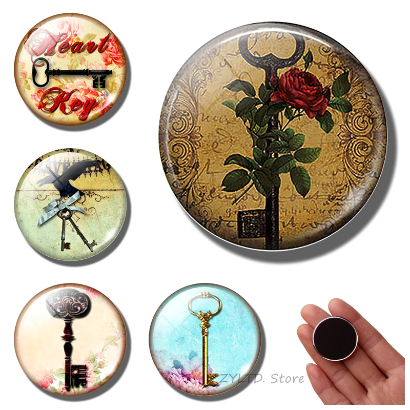 

Vintage Keys Roses fridge magnet 30MM ancient Key Retro Glass cabochon refrigerator magnets keychain stickers home decoration