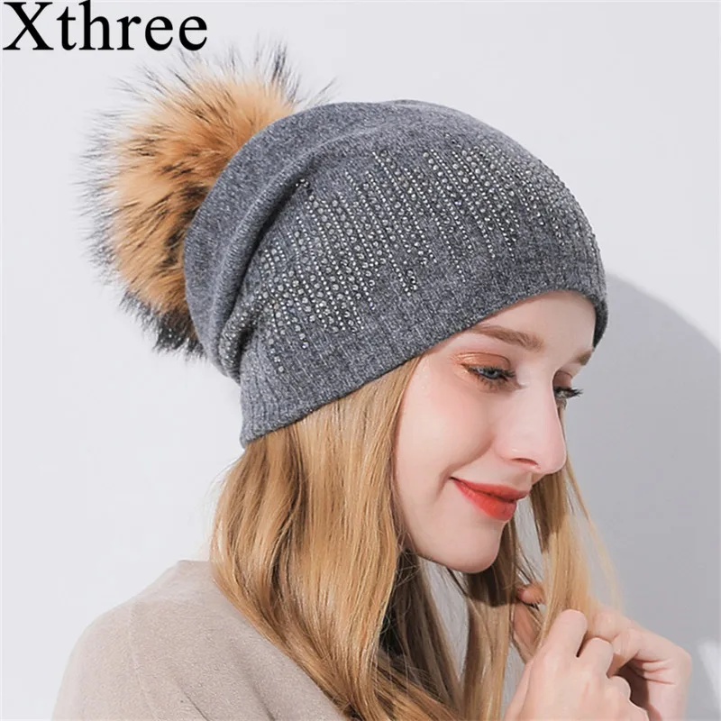 

Xthree Winter Women's Hat With Raccoon Pom Pom Beanies Hat Cashmere Knitted Hat Keep Warm Gorro Wool Hat Brand