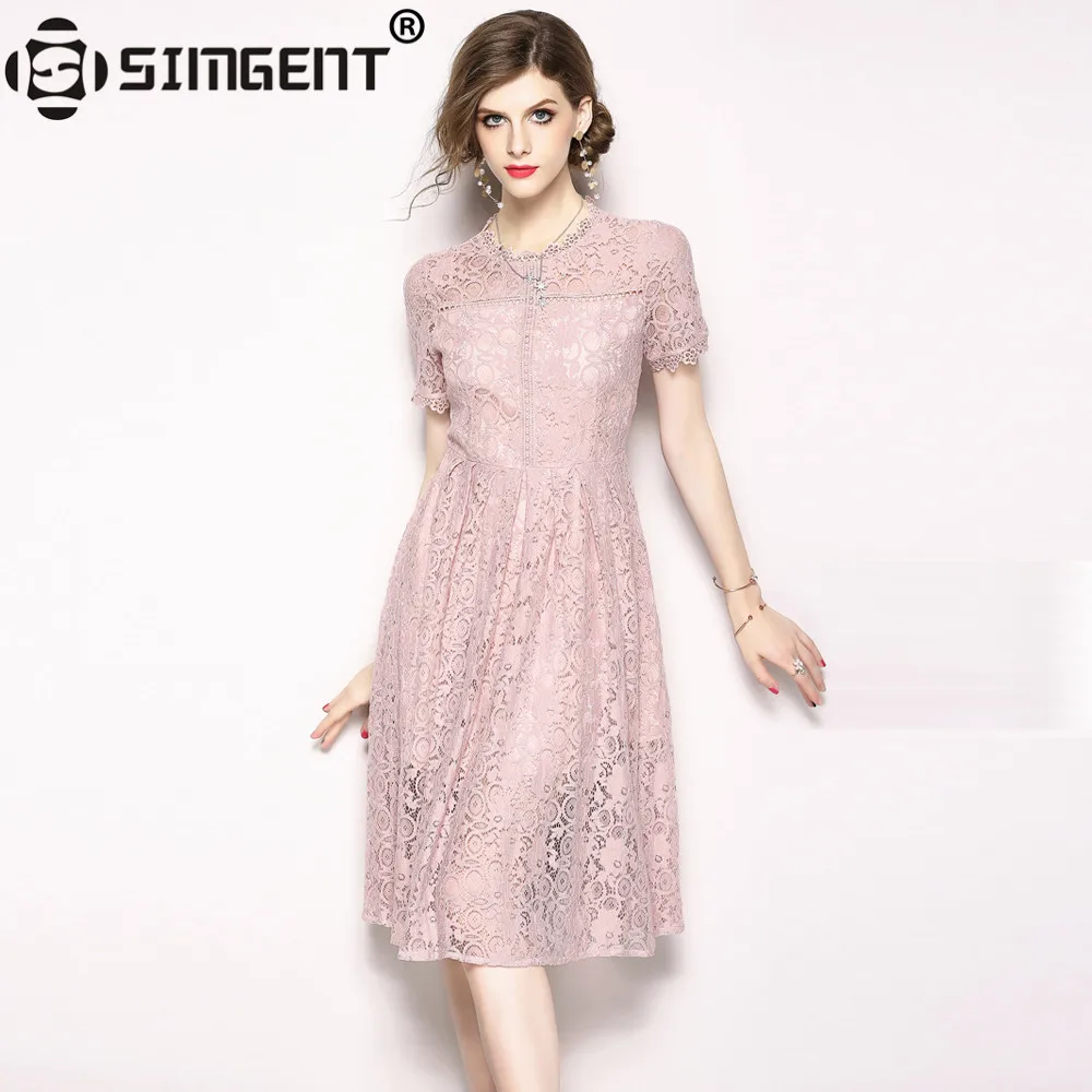 

Simgent New Fashion Summer Women Short Sleeve O-neck Knee Length A Line Elegant Office Casual Lace Dress Vestidos Jurken SG85241