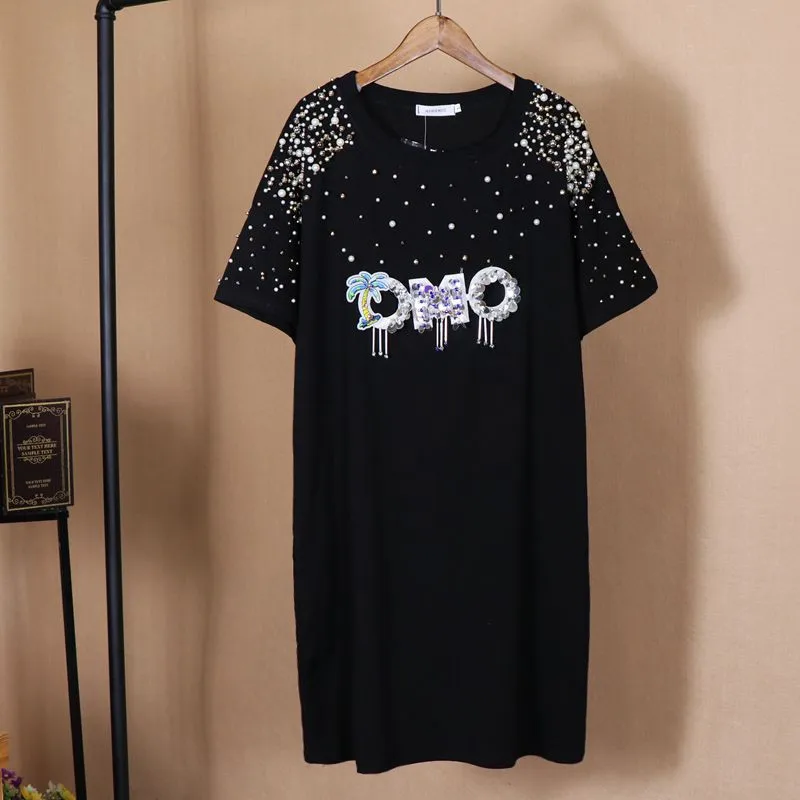 

Tshirt Women Cotton Casual Knitted Short Sleeve Beading Long Cloth Polka Dot O-neck Loose Plus Size