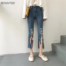 Джинсы женские простые универсальные элегантные корейский стиль высокое качество женские тонкие модные летние женские нерегулярные брюки до щиколотки