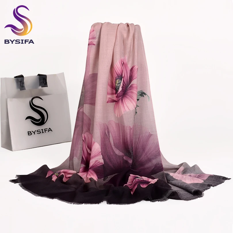 [BYSIFA] Ladies Purple Scarves Foulard New Floral Design 100% Wool Cashmere Scarves Fall Winter Women Wool Scarf Shawl 190*75cm