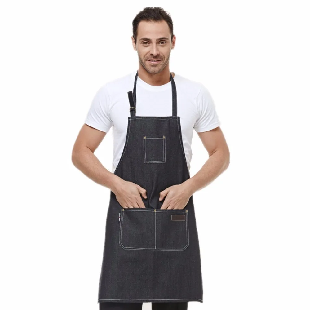 Adjustable unisex kitchen denim apron cowboy bib apron organizers with
