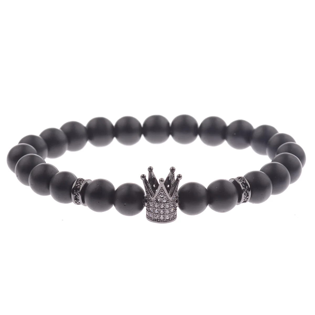 

HOT Fashion King Crown Mens Beaded Bracelet Pave CZ Charm Black 8mm Lava Stone Bead Bracelets for Men Women Luxury Jewelry Gifts