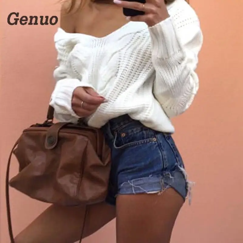 Sexy White Women Sweaters And Pullovers 2018 Autumn Winter Warm Knitted Sweater V Neck Off Shoulder Sweaters Knitwear Pullovers