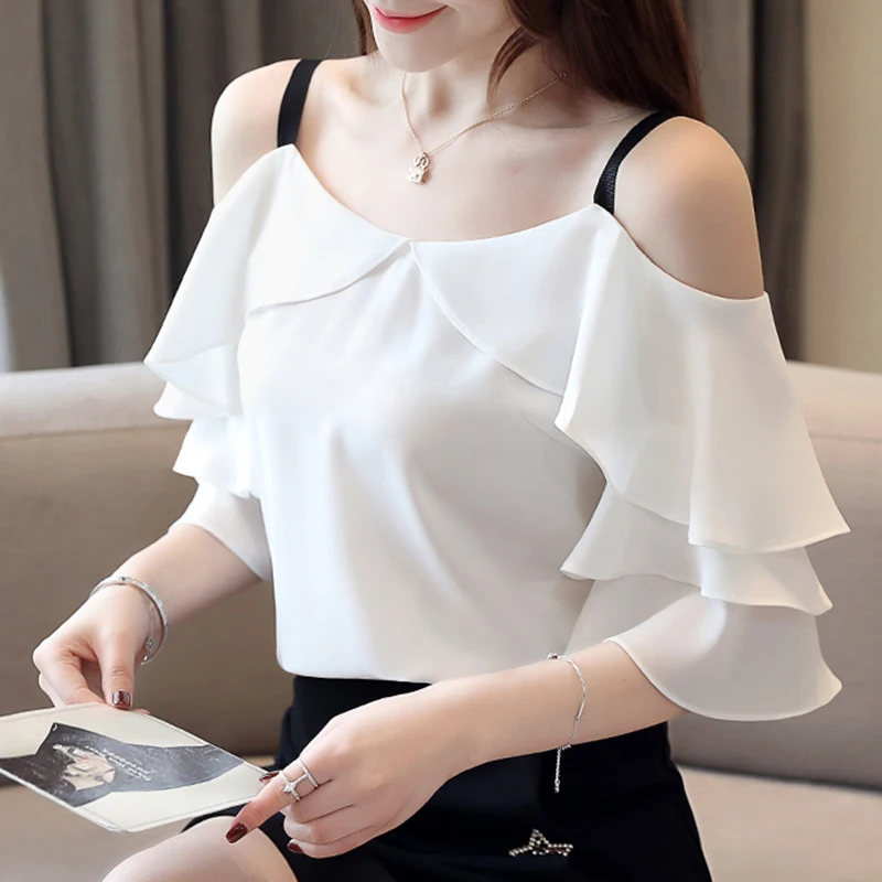 

2019 New Summer Blouse Women Elegant Korean Style Chiffon Ruffle Off Shoulder Top Ladies All-match Loose White Blusa Mujer S-XXL