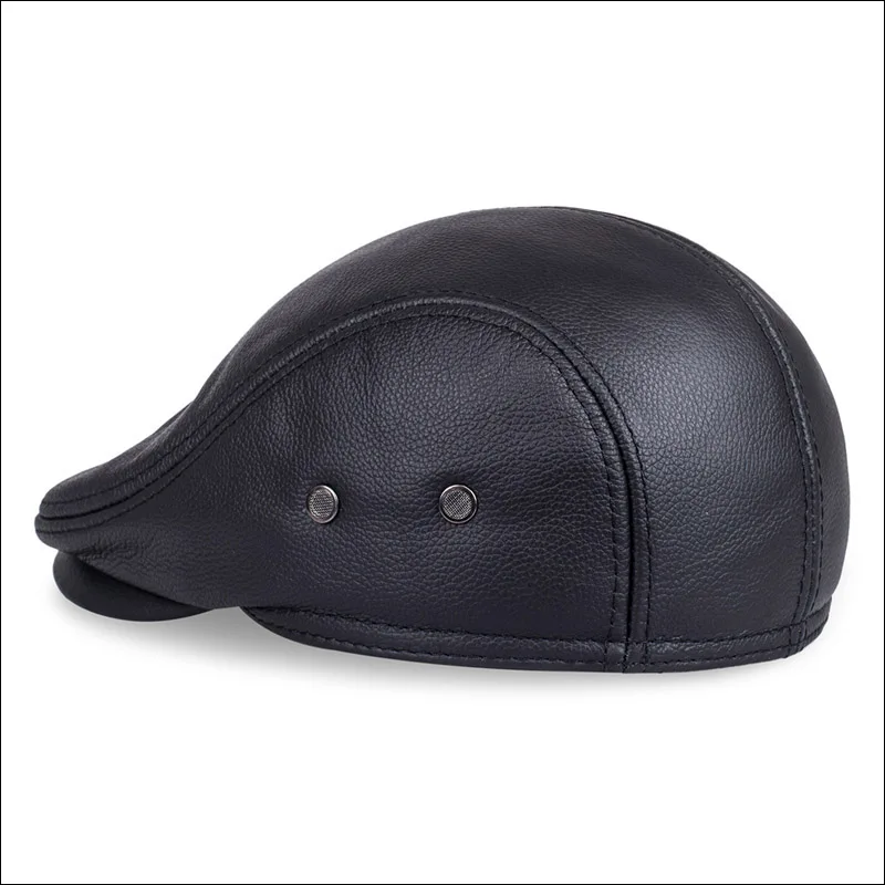 black beret for men HL042 Men's Real Genuine Cow Leather Baseball Hat Brand Newsboy Beret Winter Warm Caps With Ear Flap mens military beret