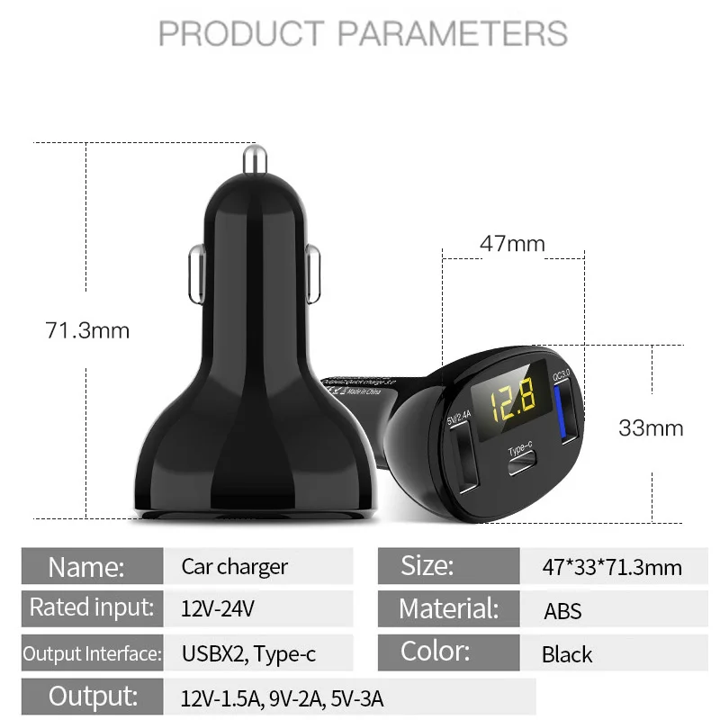 Автомобильное зарядное устройство type-C QC3.0, 12 В, автомобильная розетка, двойной USB разъем для прикуривателя, быстрое зарядное устройство для телефона, умный светодиодный дисплей, gps Аксессуары