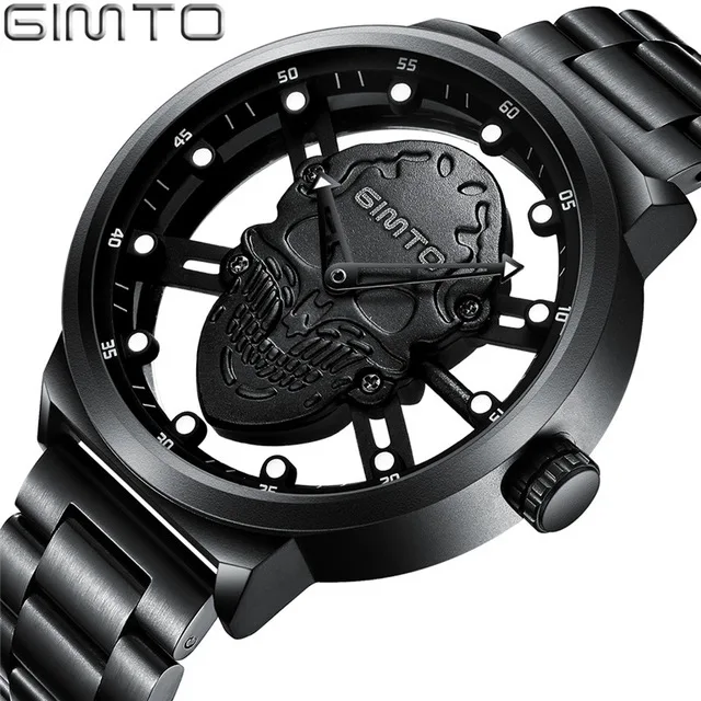 

GIMTO Top Brand Luxury Skull Men Watch Creative Skeleton Quartz Watch Men Wristwatch Steel Casual Male Clock Relogio Masculino