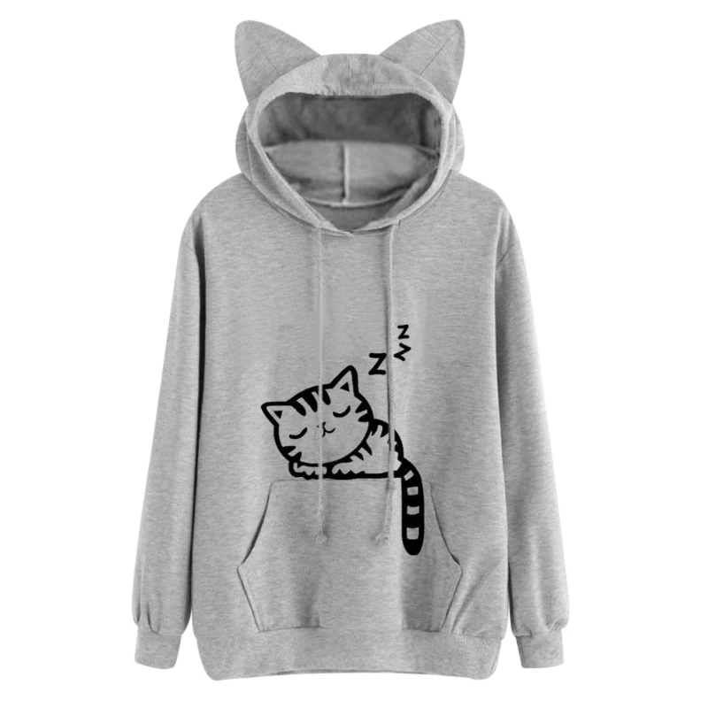 Harajuku женские толстовки Толстовка Kawaii розовый зимний рисунок кота с длинным
