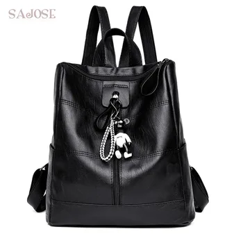 

Leather Backpack For Women Fashion Teenage Girls Black Medium Student Backpack Cartoon Pendant Casual Shoulder School Bag