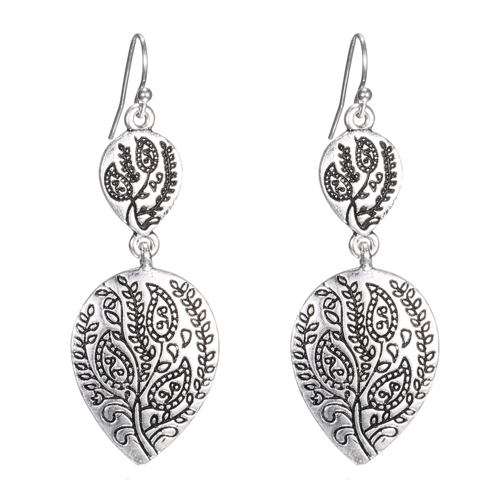 

2019 Vintage silver color Alloy Carved earrings Fashion ethnic water drop dangle earring for women Charm jewelry