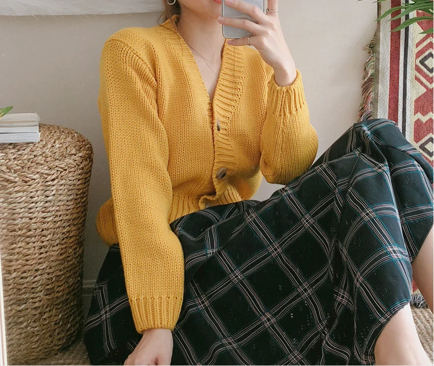 RUGOD Cardigan Women Fashion V neck long sleeve warm thicken Knitted Outerwear Sweater Korean mutil color Casual winter coat