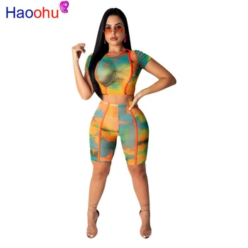 

HAOOHU Tie Dye Sexy 2 Piece Outfits for Women Tracksuit Summer Crop Top and Biker Shorts Mesh Sheer Sexy Club Two Piece Set
