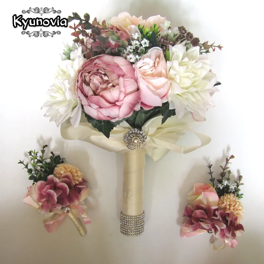 Style 1 3PCs SET Kyunovia розовые настоящие цветы Пион Букеты для свадьбы пионы Свадебные букеты центральные украшения дома 2 стиля FE47 - Цвет: Style 1 3PCs SET