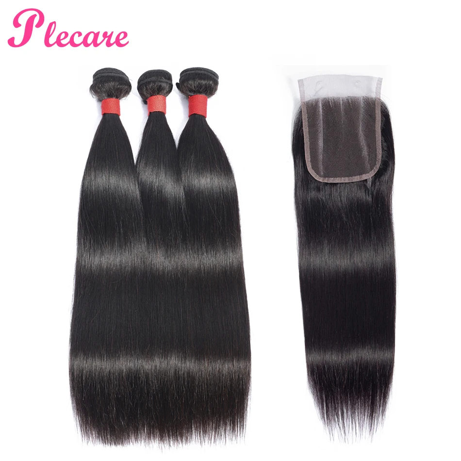 

Plecare 100% Human Hair Weave Bundles With Closure Straight Malaysian Hair 3 Bundles With Closure Natural Color Non Remy Hair