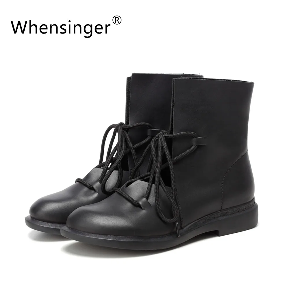 

Whensinger - 2017 Women Shoes Female Patent Leather Fashion Boots Solid Lace-Up Handmade Vintage Elegant 7889