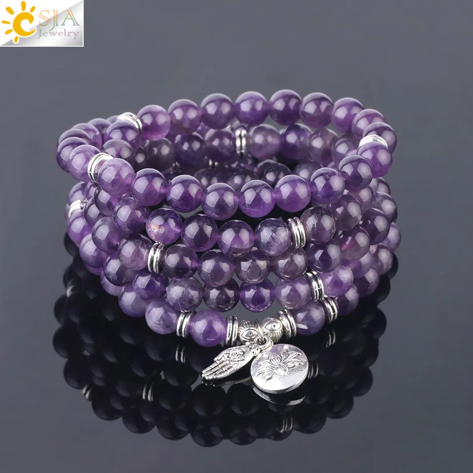 

CSJA Multilayer Elastic Bracelets Natural Stone Purple Crystal Lotus Buddha Hand Charms Wrap Bracelet for Women Men Bangles F801
