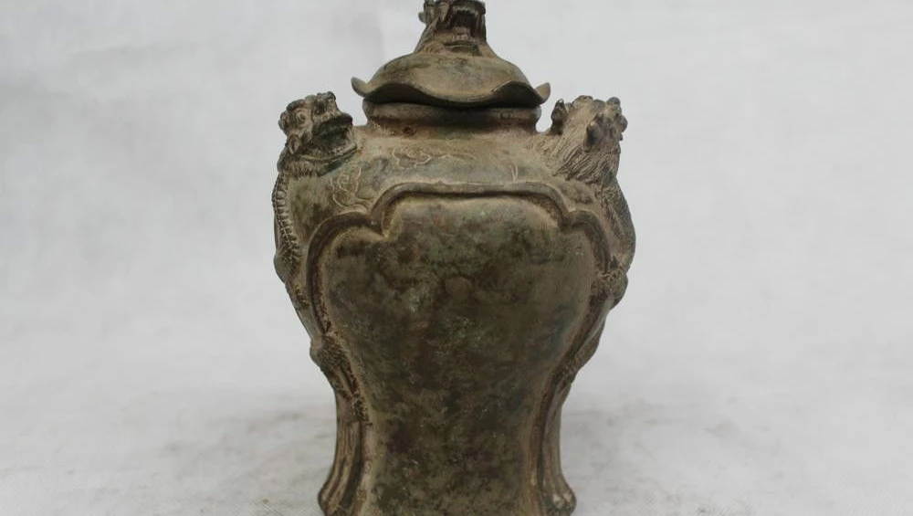 

7"Chinese Folk Pure Bronze excellent Lucky Money drawing Dragon Pot