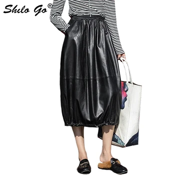 

Plus Size Leather Skirts Womens Casual Pocket High Waist Sheepskin Genuine Leather Bud Skirts Oversize Female Mid Calf Skirts