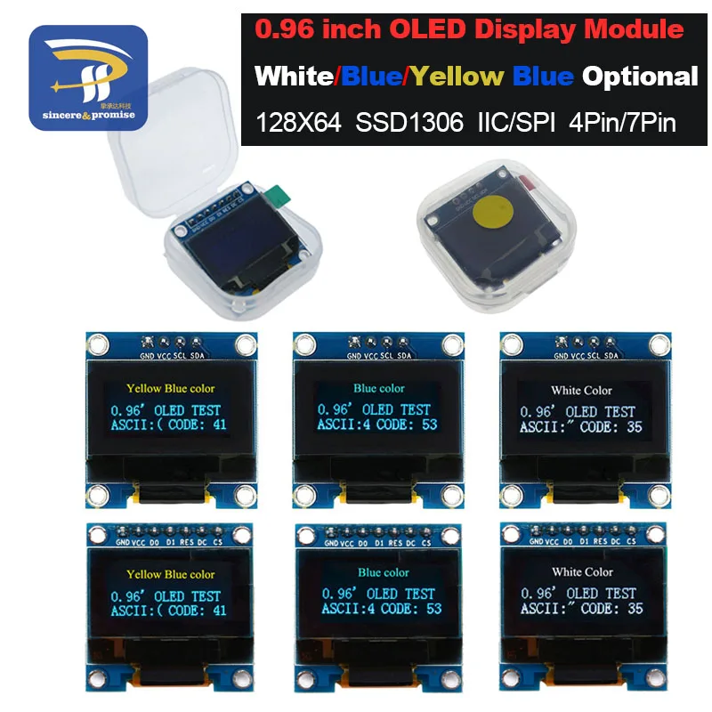 

4pin 7pin White and Blue color 0.96 inch 128X64 Yellow Blue OLED Display Module For Arduino 0.96" IIC I2C SPI Communicate