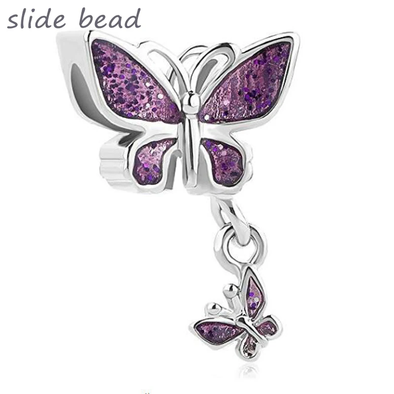 Скользящие бусины фиолетовые бусины в виде бабочки подходят к аутентичным Пандоре браслеты ювелирных изделий diy подарки ко дню Святого Валентина