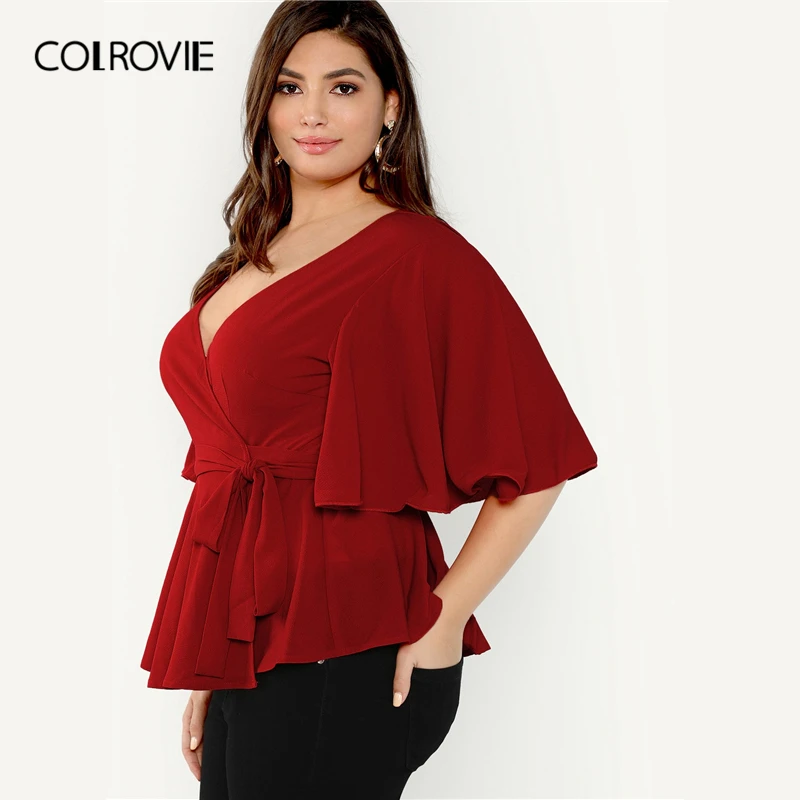 COLROVIE زائد حجم الأحمر V الرقبة رفرفة كم كشكش الرداء الكهنوتي التفاف عقدة أنيقة بلوزة قميص المرأة 2019 الصيف مكتب السيدات قمم