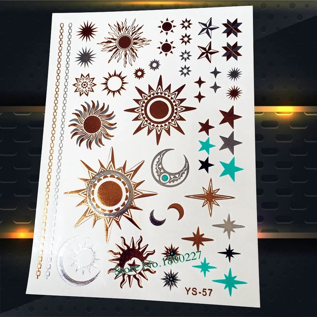 1 Pza Temp Metal Tatuaje Pegatinas Oro Estrella Sol Plata Color Luna