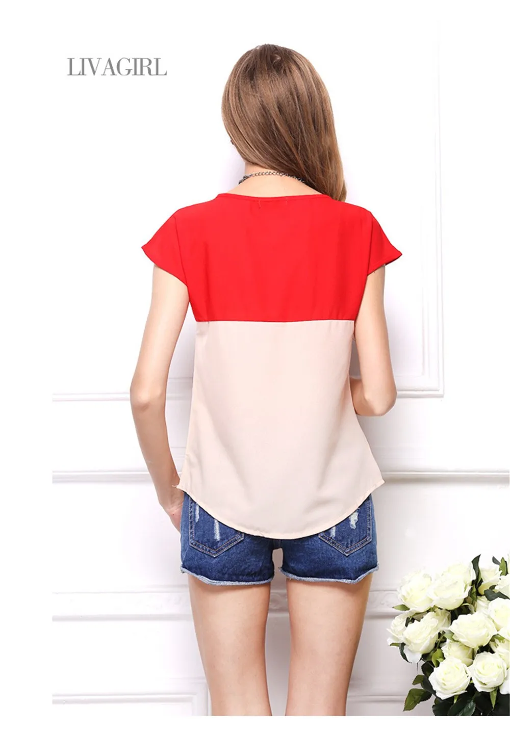 Summer Style Contrast Color Clothing Blouse T shirt Women Loose T shirt Chiffon Short Sleeve Blouse T Shirt Cheap Clothing China (8)