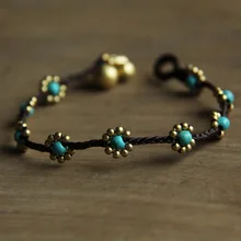 

Thai ethnic jewelry wholesale turquoise copper bead wax cord woven bracelet T-148