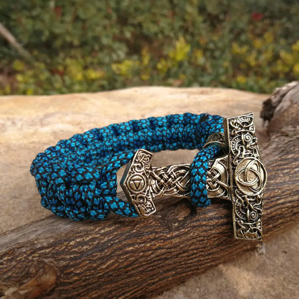 

Viking Rune bead Paracord Bracelets Thor Mjolnir Hammer Amulet Rune Knot Scandinavian Bracelet Light Blue Paracord