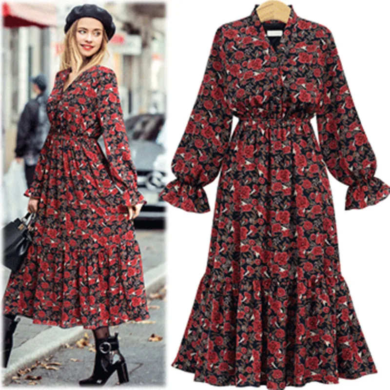 

Large Size Women Dresses 5xl Female Fashion Lantern Sleeve Spring Autumn Long Sleeve Chiffon Floral V Neck Pleated Maxi Dresses