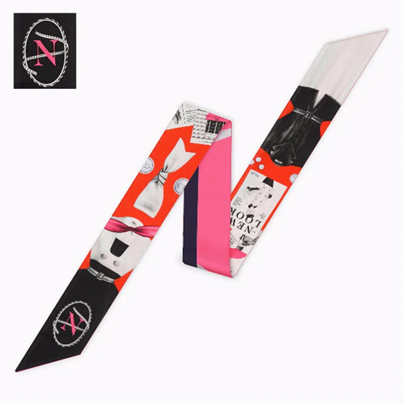 Letters Print Twill Silk Scarf Women Luxury Designer Fashion Handbag Bow Ribbons Hair Headband Summer Female Small Head Scarves