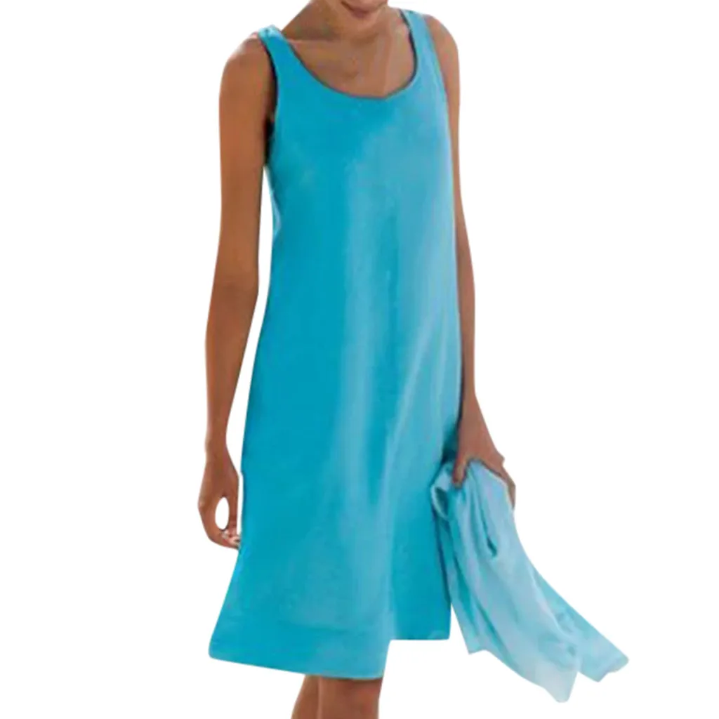 

Women Casual Beach Dress Sleeveless Solid Color Pockets Beach Summer Seaside Pool Ladies Dress Comfortable 2019 New#YD1