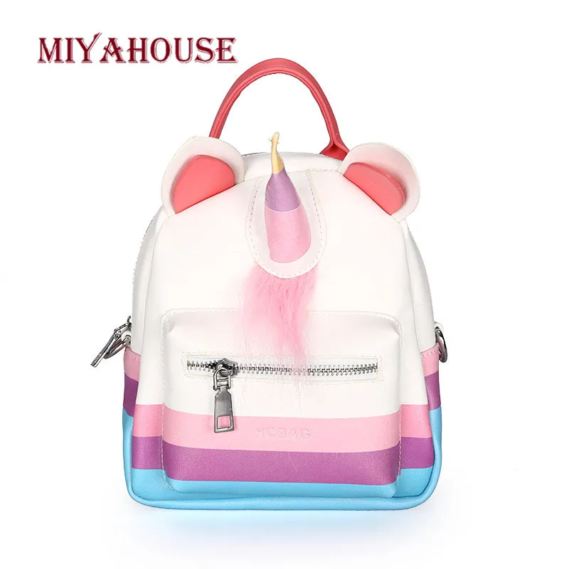 

Miyahouse Lovely Unicorn Pointed Cute Ear Leather Backpack Colorful Striped Women Mini Backpack PU Leather Female Travel Bag