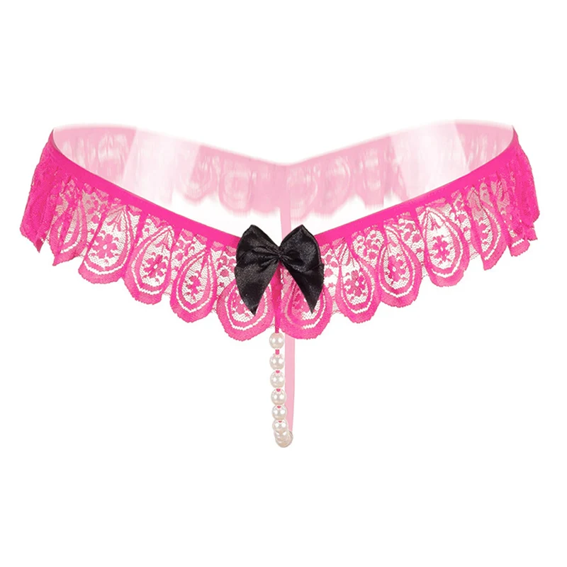 Sexy Underwear Lace Bow Briefs With Pearls Women Thongs And G Strings Tangas Women Sexy Panties Erotic Transparent Panties (3)