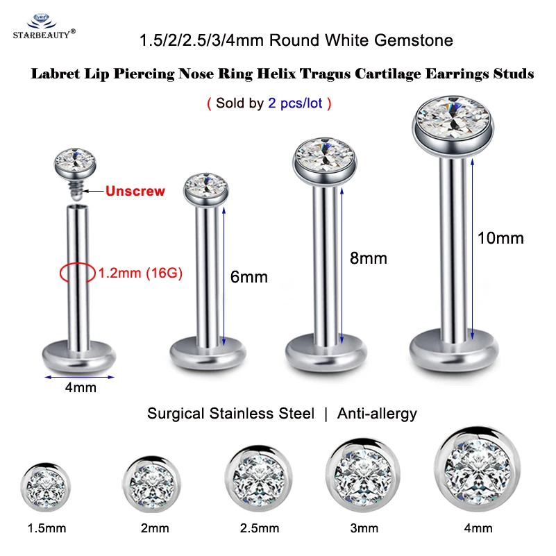 Gem Nose Rings Helix Piercing Tragus Piercing Labret Lip Ring Earrings Studs 2pcs Mix 16G 1.5/2/2.5/3/4mm nose rings,piercing jewelry,nose studs,body piercing earrings,ear piercing jewelry,ear studs,metal jewelry,body piercing jewelry,body jewelry