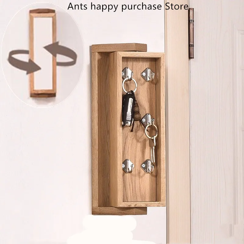 

White oak rotating key box Full solid wood vanity mirror Entrance key box Wall hanging Storage wood wall hook Coat hook hanger