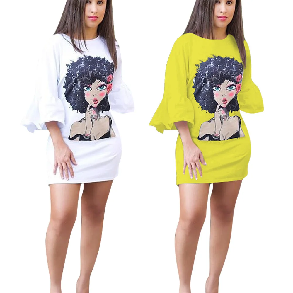 

Spring Summer Women Dress Sexy Party Dresses Vestidos Plus Size Cartoon Print Ruffles Loose Mini Dress