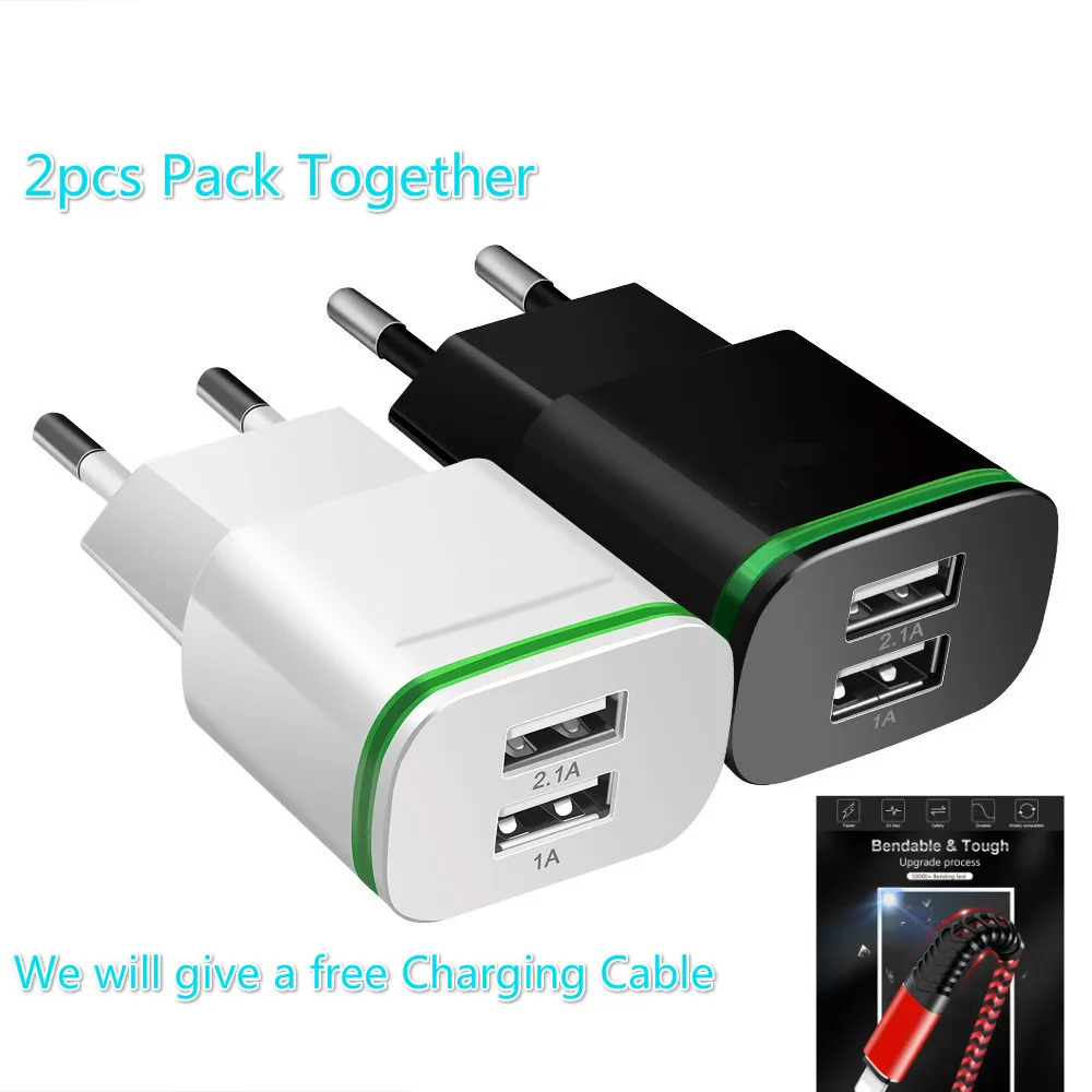 

2pcs together Phone Charger with free Charging Cable EU US Plug 2 Ports LED Light USB Charger 5V 2A Wall Adapter forSmart phone