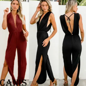 

Rompers 2018 New Brand Sexy Women Deep V Backless Sleeveless Solid Halter Party Jumpsuit Romper Split