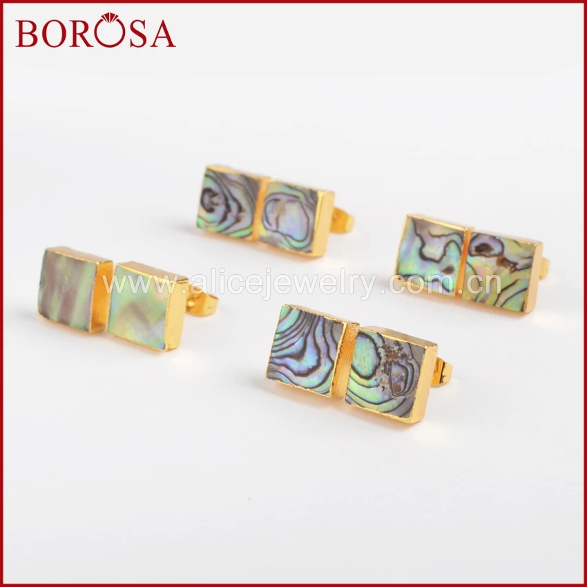 

BOROSA Clearance Sale 10Pairs Fashion Gold Color Square Natural Abalone Shell Stud Earrings Druzy Jewelry For Women Gems G0888