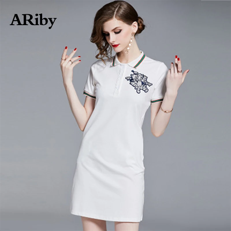 Dress Women Summer Vestidos Dress ARiby 2019 New Fashion Casual Solid Temperament Lapel Embroidered Cute Short Sleeve Mini Dress