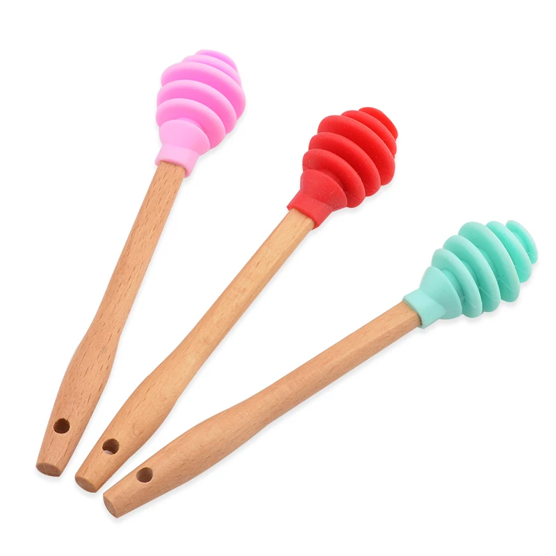 1PC Silicone Honey Dipper with Wood Handle Syrup Stick Server Wand for