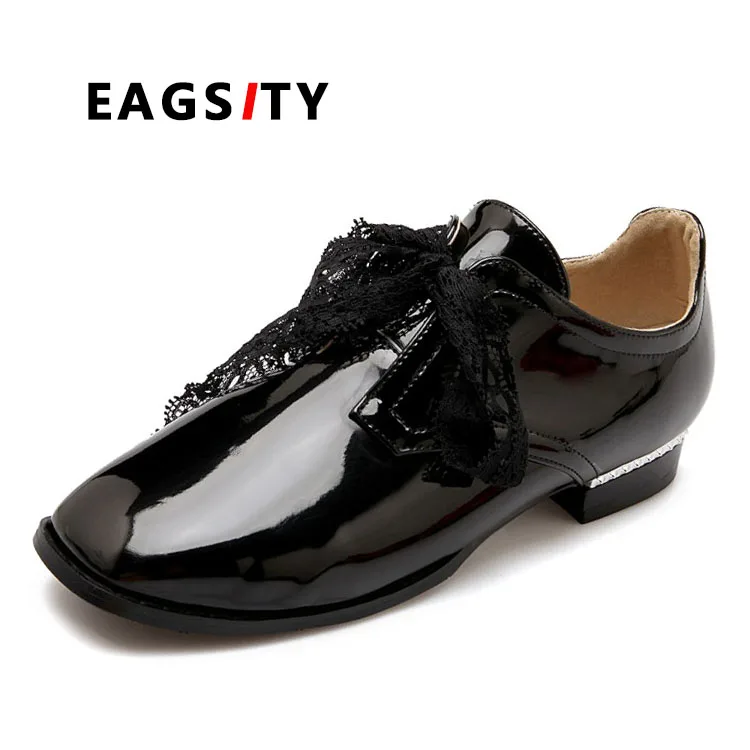 

EAGSITY patent leather women derby shoes square toe lace up oxford casual fashion ladies dress shoes red blue